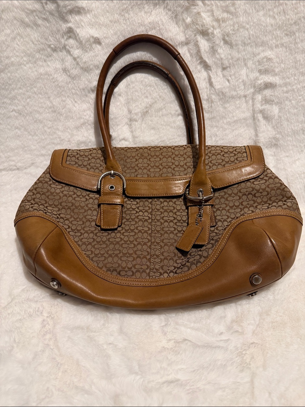 Coach Soho Signature Jacquard & Leather Flap Satchel Bag brown